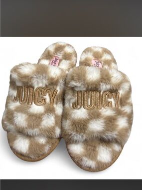 NWT Juicy Couture Tan & White Faux Fur Slide Slippers with Gold Logo